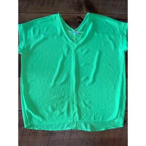 Womens First Love Neon Green Cap Sleeve Oversized Fit V-Neck‎ Blouse Size M